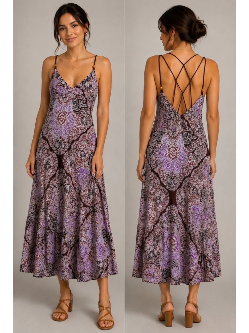 Free People Women’s Purple  Brown Boho Maxi Dress Strappy Back Floral Print M